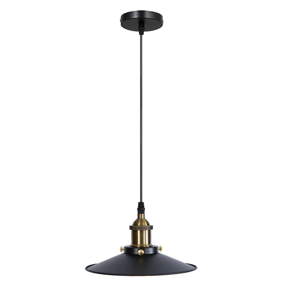 Black pendant light with gold accents on a white background