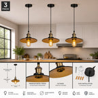 Three-pack of industrial-style pendant lights with bronze-finished metal shades and black cords, shown hanging in a kitchen setting with detailed feature callouts and installation diagrams.