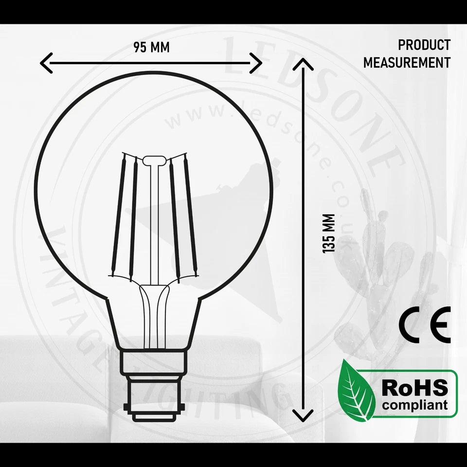 Diagram of a light bulb with measurements and RoHS compliance
