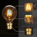 A clear glass globe light bulb with a glowing warm filament and a gold bayonet base, shown on a dark background with three inset close-ups highlighting the bulb's interior and base details.