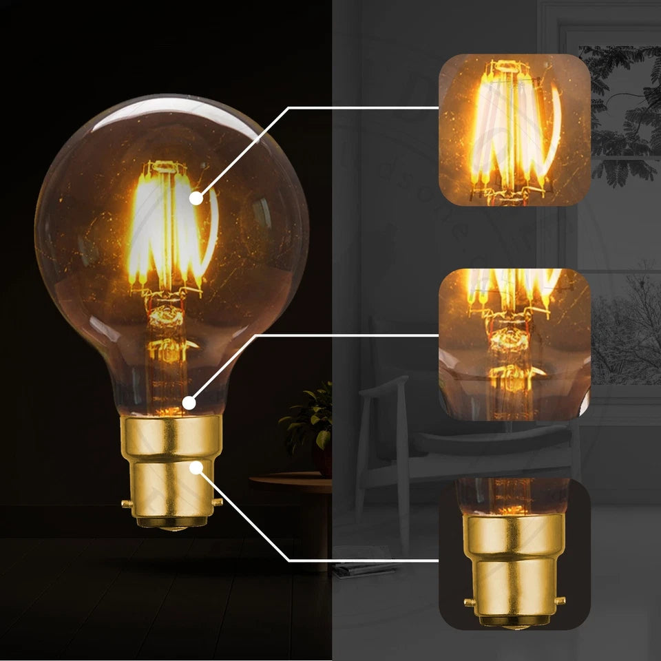 A clear glass globe light bulb with a glowing warm filament and a gold bayonet base, shown on a dark background with three inset close-ups highlighting the bulb's interior and base details.