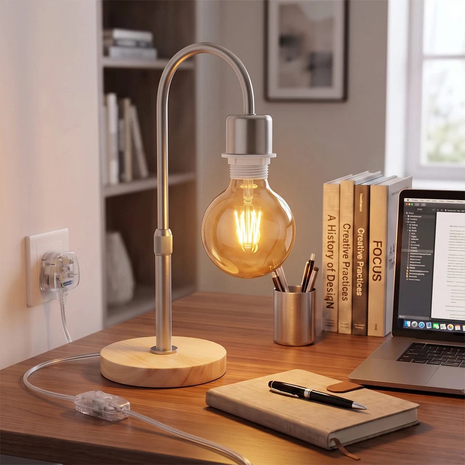 Wooden Base Table Lamp with Curved Arm E27 Inline Switch