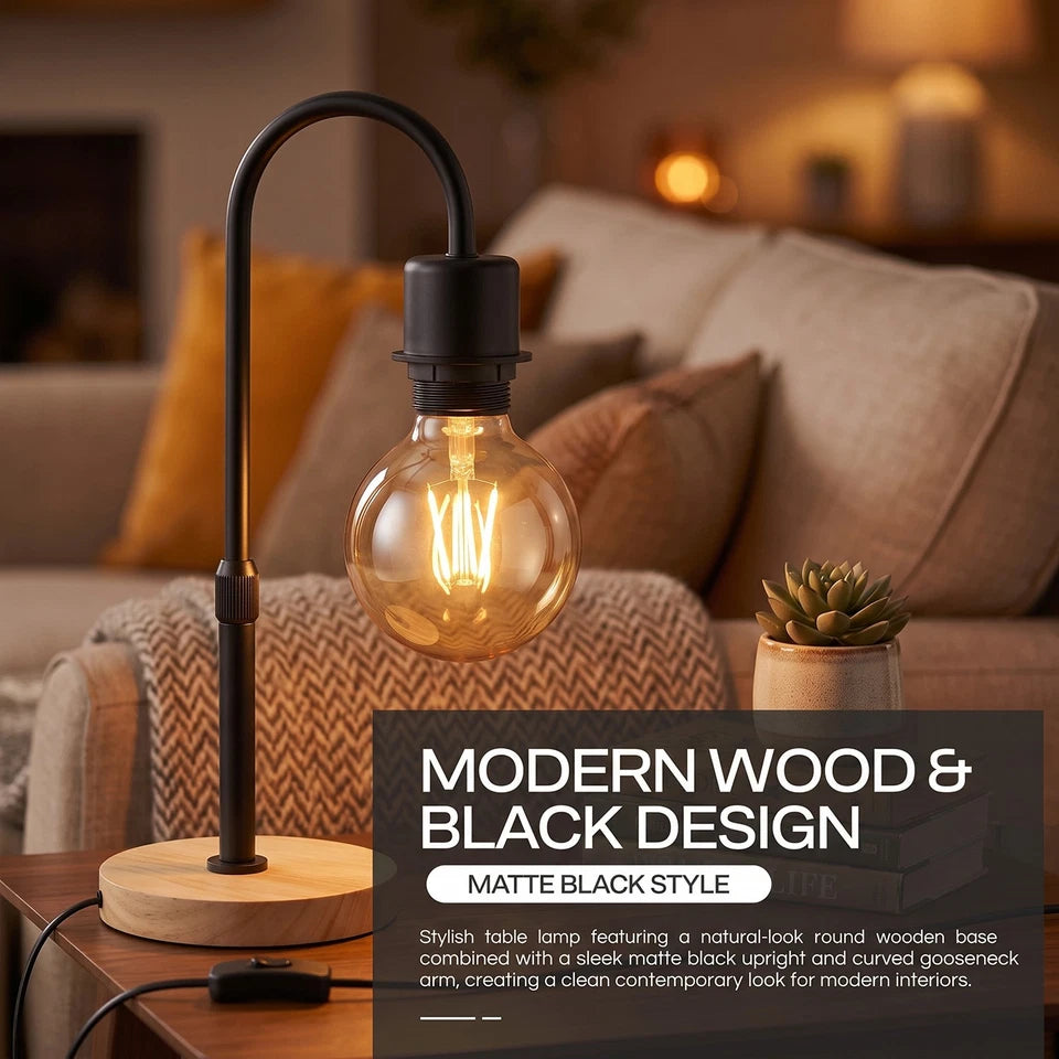 Wooden Base Table Lamp with Curved Arm E27 Inline Switch