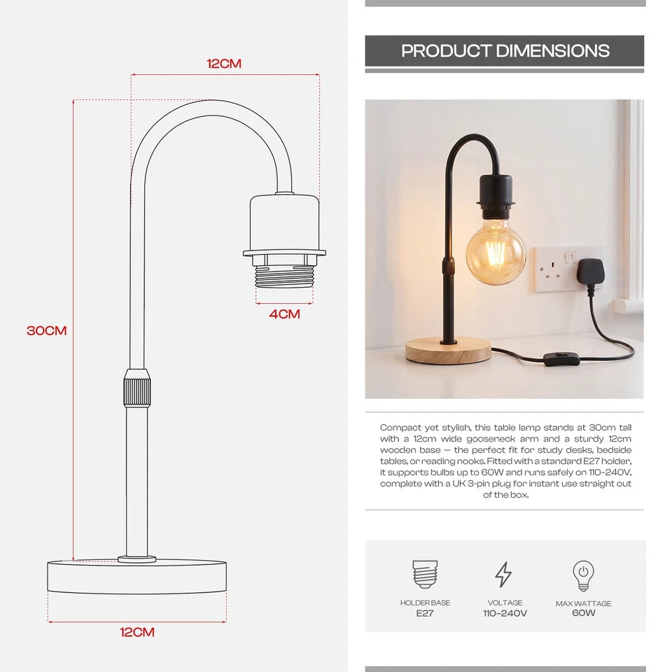 Wooden Base Table Lamp with Curved Arm E27 Inline Switch