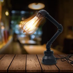 Industrial Iron Water Pipe Table Lamp with Bulb Guard wire Cage