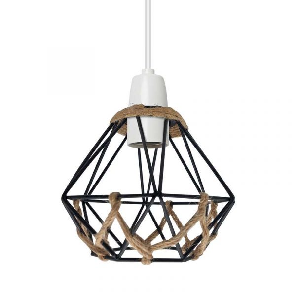 Vintage Black Farmhouse Diamond Hemp Rope Ball Lampshade with Reducer Ring