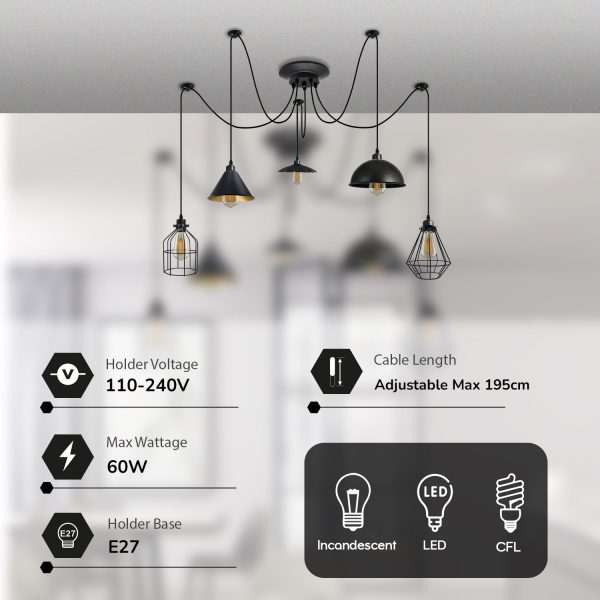 DC VOLTAGE 5 Heads Ceiling Spider Light E27 Holder Fitting Light Pendant Lamp