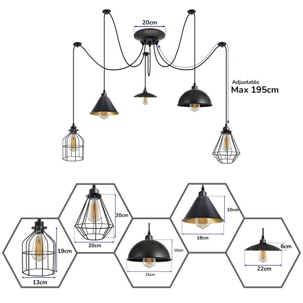 DC VOLTAGE 5 Heads Ceiling Spider Light E27 Holder Fitting Light Pendant Lamp