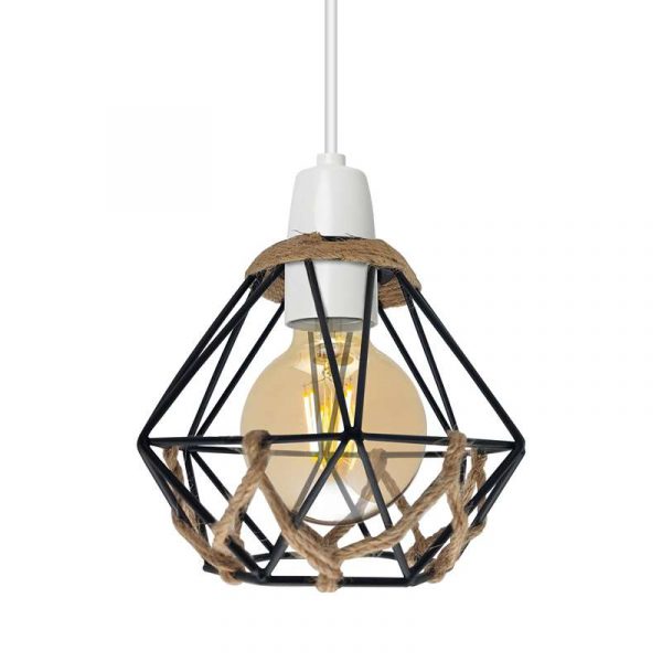 Vintage Black Farmhouse Diamond Hemp Rope Ball Lampshade with Reducer Ring