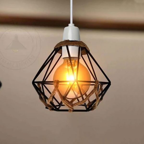 Vintage Black Farmhouse Diamond Hemp Rope Ball Lampshade with Reducer Ring