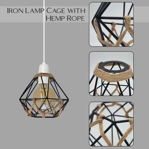 Vintage Black Farmhouse Diamond Hemp Rope Ball Lampshade with Reducer Ring