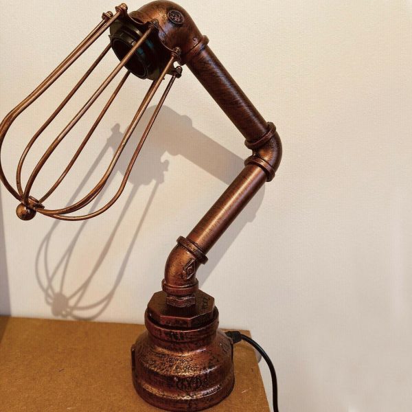 Industrial Iron Water Pipe Table Lamp with Bulb Guard wire Cage