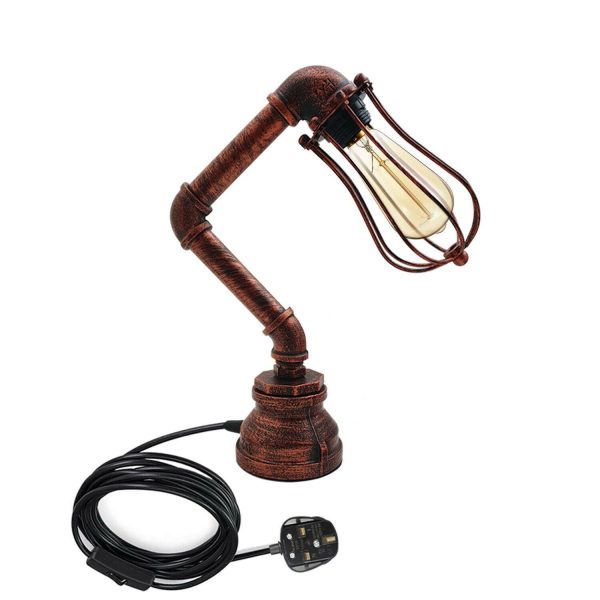 Industrial Iron Water Pipe Table Lamp with Bulb Guard wire Cage