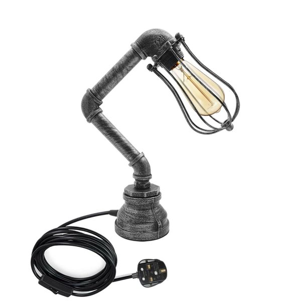 Industrial Iron Water Pipe Table Lamp with Bulb Guard wire Cage