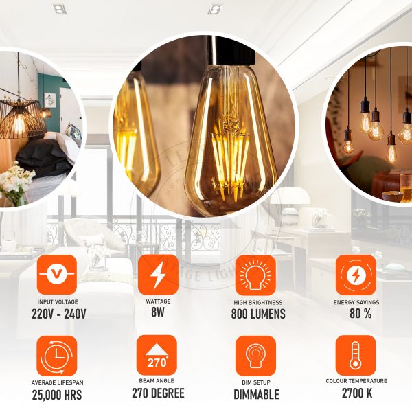 Vintage LED Filament Bulb ST64 Bayonet 8W Dimmable B22 Light Bulb ~3208