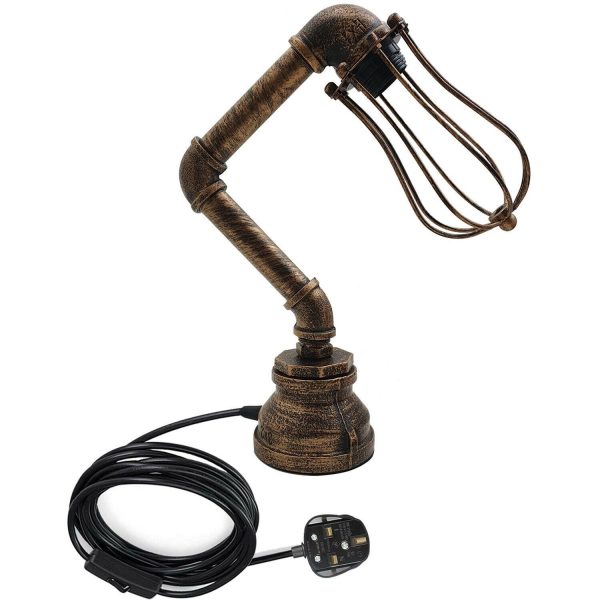 Industrial Iron Water Pipe Table Lamp with Bulb Guard wire Cage