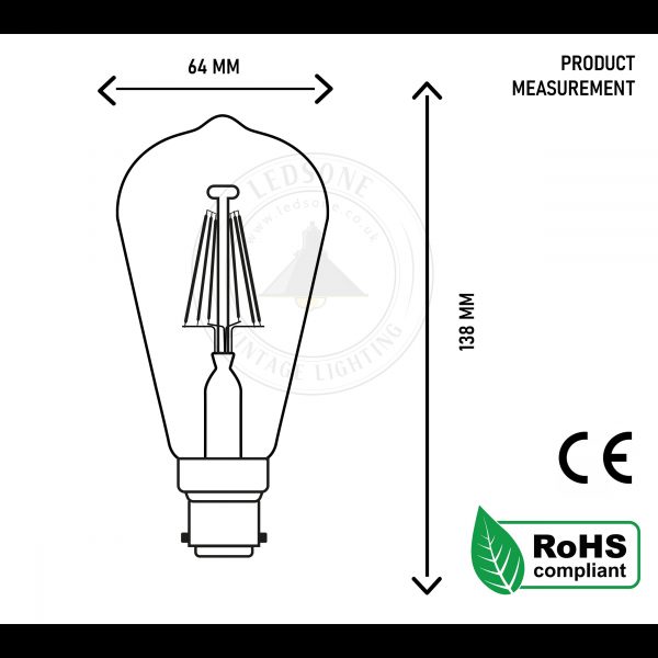 Vintage LED Filament Bulb ST64 Bayonet 8W Dimmable B22 Light Bulb ~3208