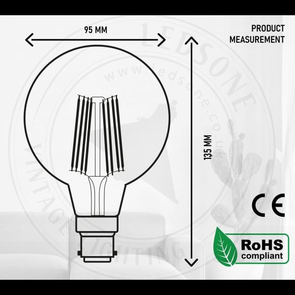 Vintage LED Filament Bulb Bayonet G95 B22 8W Dimmable LED Globe Bulb ~3085