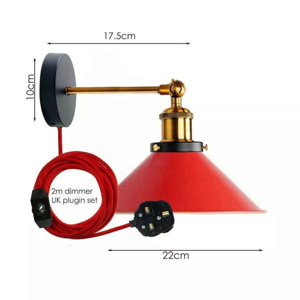 Metal Cone Shape Shade Plug in Wall Light With Dimmer Switch